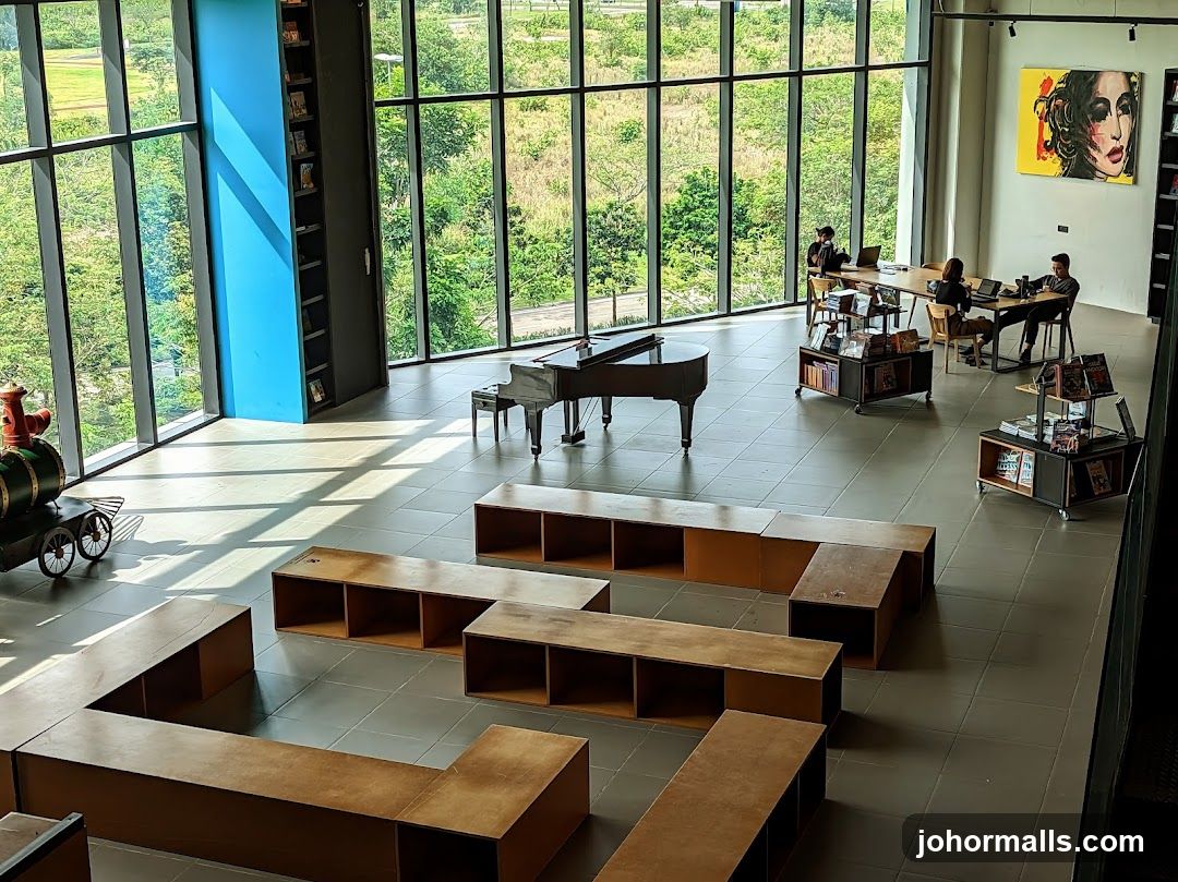 Modern Library Interior with Grand Piano and Seating Areas