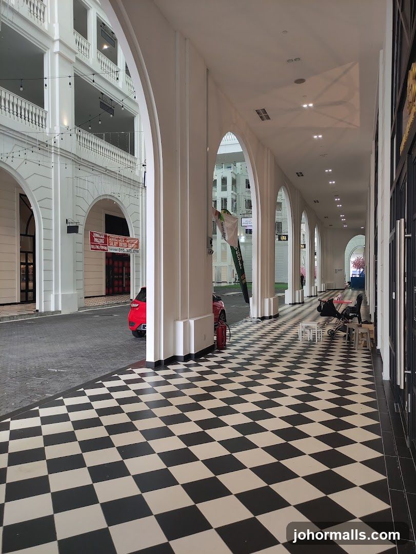 Covered walkway with checkered floor