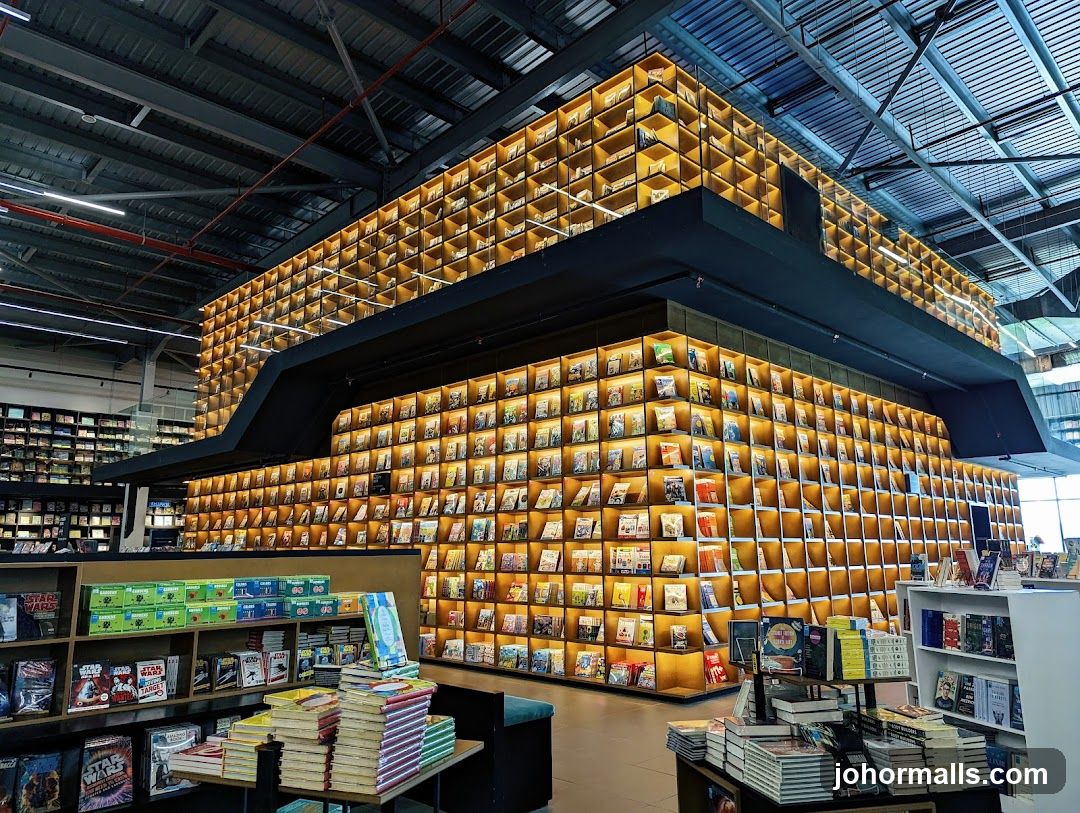 Interior of a bookstore with illuminated shelves