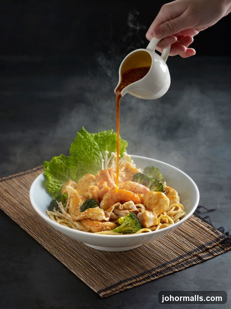 Pouring Sauce on Noodle Dish
