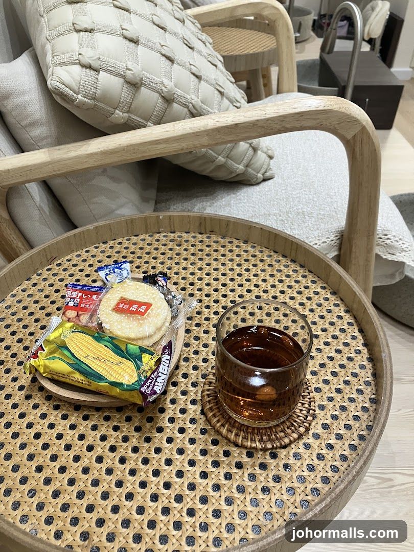 Snacks and Drink on a Rattan Table