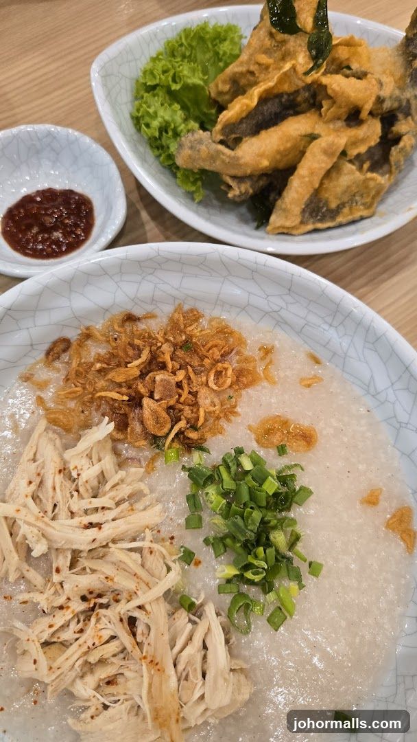 Congee with toppings and fried fish skin