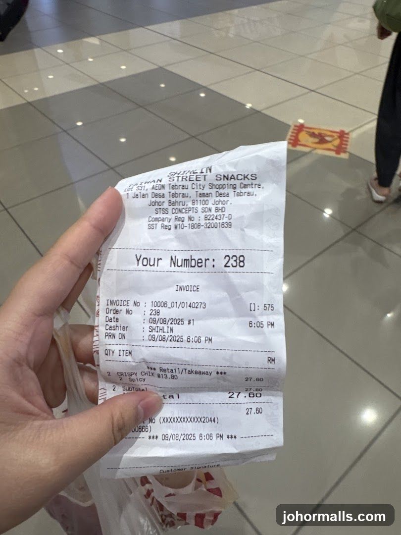 Receipt from Shihlin Taiwan Street Snacks