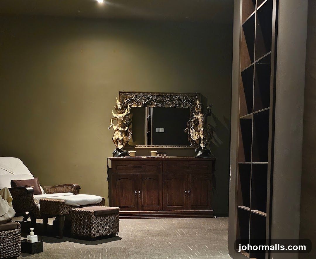 Spa waiting area with ornate mirror and seating