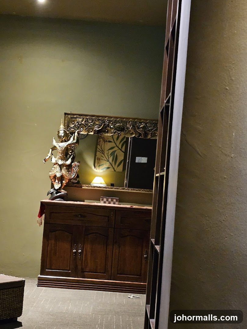 Interior of a room with a wooden cabinet and mirror