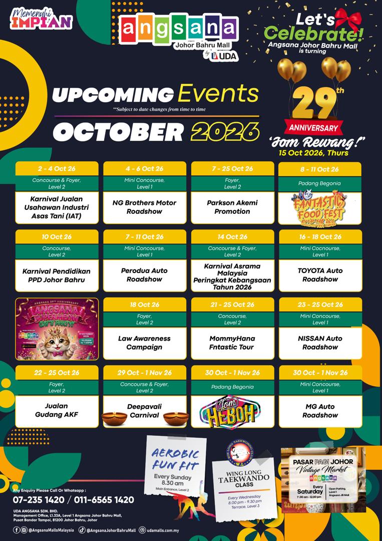 Angsana Johor Bahru Mall October 2026 events poster listing Jom Heboh at Padang Begonia