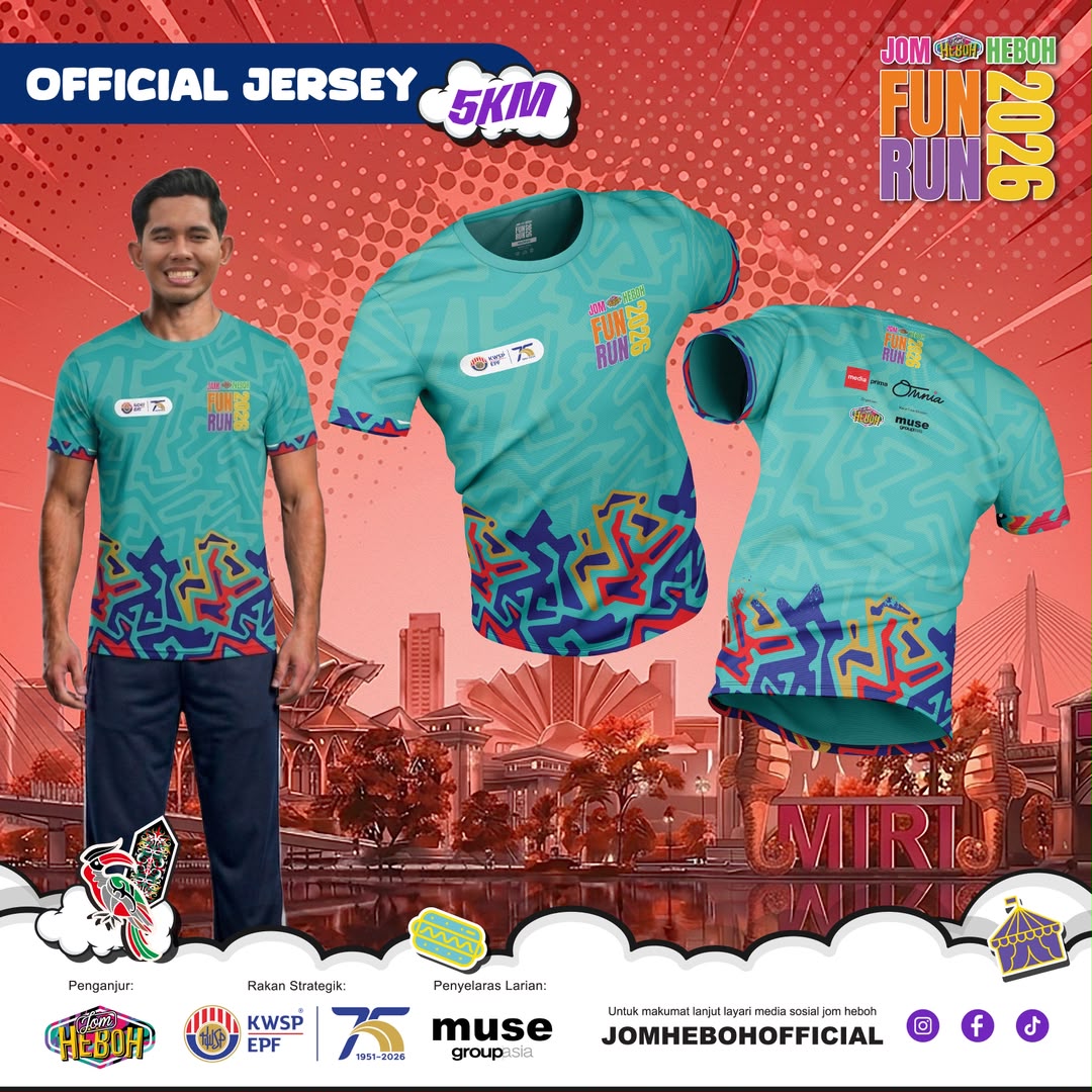 Jom Heboh Fun Run 2026 event tee for the 5 KM category at Angsana Johor Bahru Mall