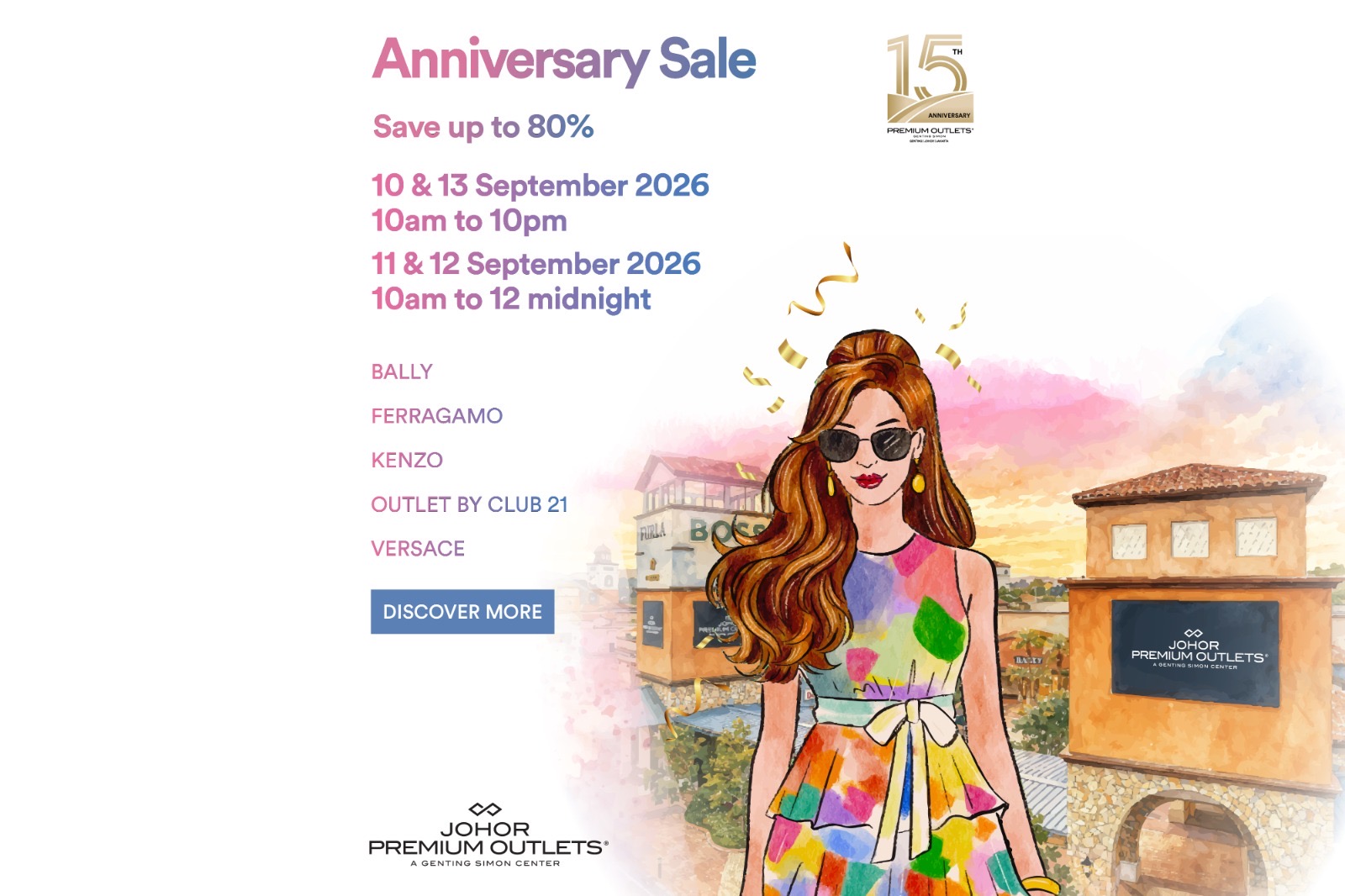 Johor Premium Outlets 15th Anniversary Sale 2026 campaign poster with 10 to 13 September hours and midnight shopping