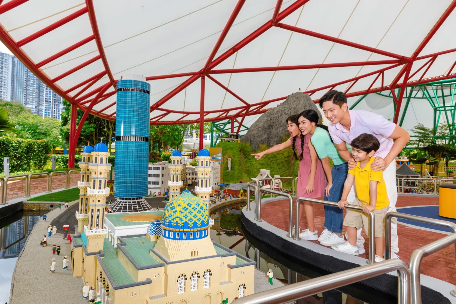 Family looking at LEGO mosque and tower models in MINILAND at LEGOLAND Malaysia Resort during MERDEKA Fest 2026