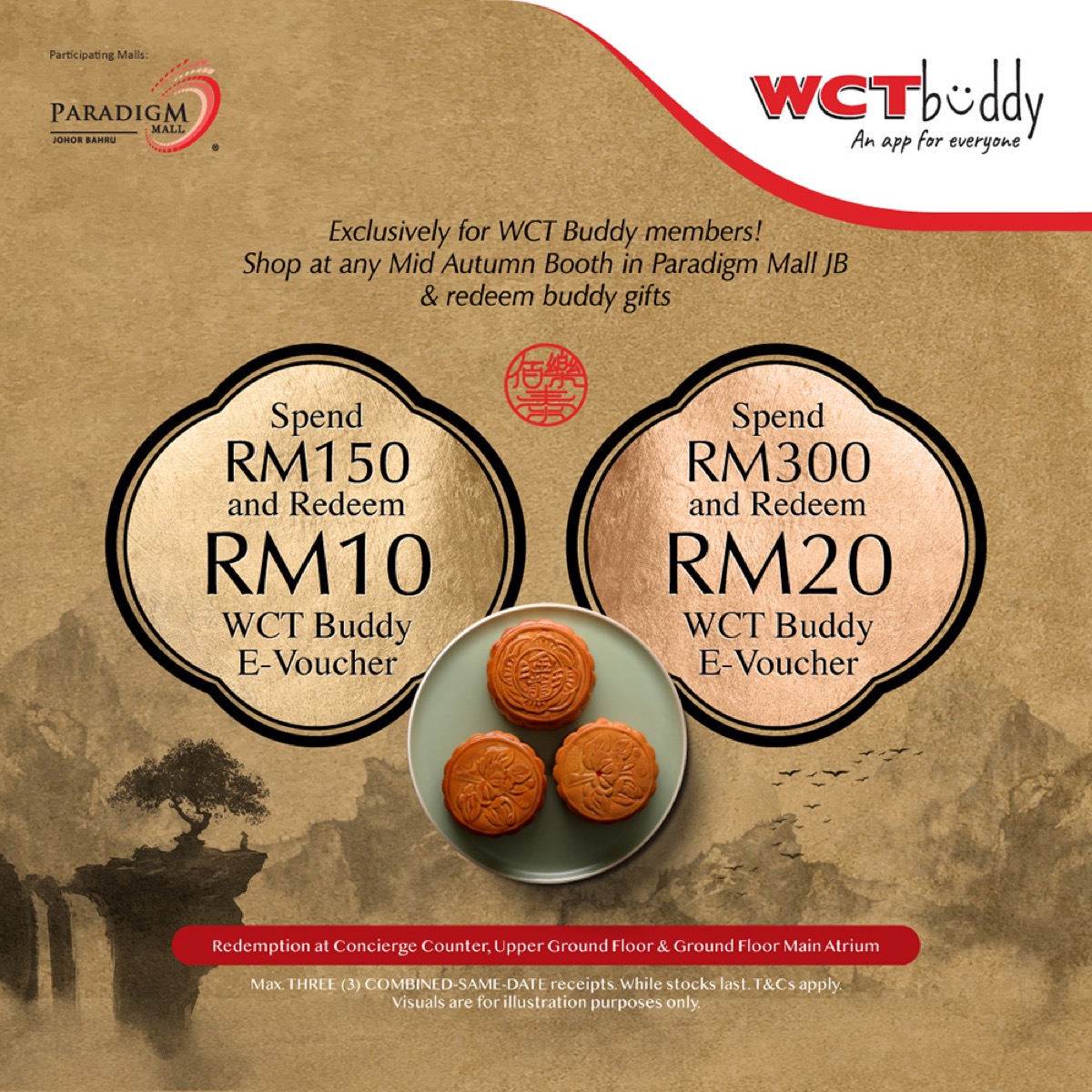 WCT Buddy Mid-Autumn booth spend and redeem RM10 and RM20 e-vouchers at Paradigm Mall JB