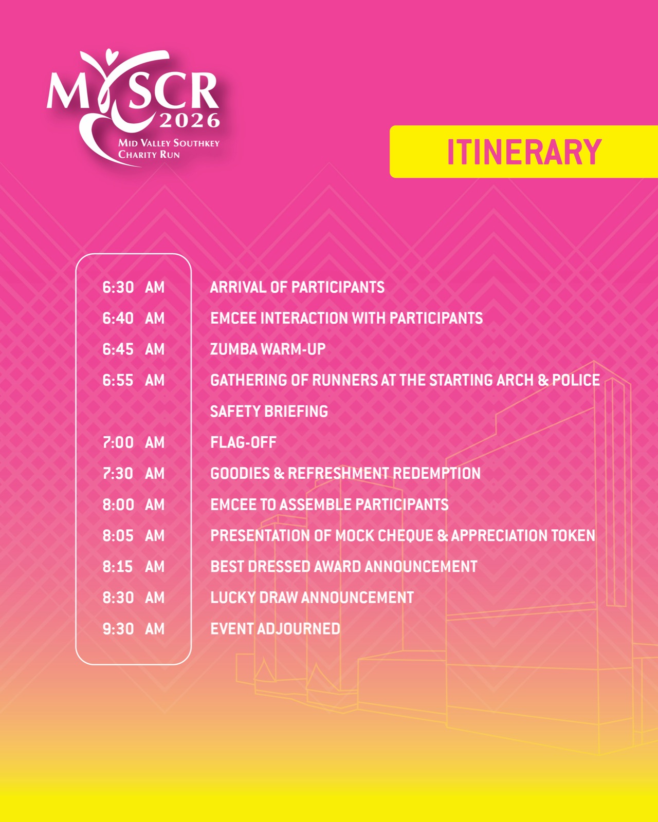 MVSCR 2026 event itinerary poster for race morning at Mid Valley Southkey