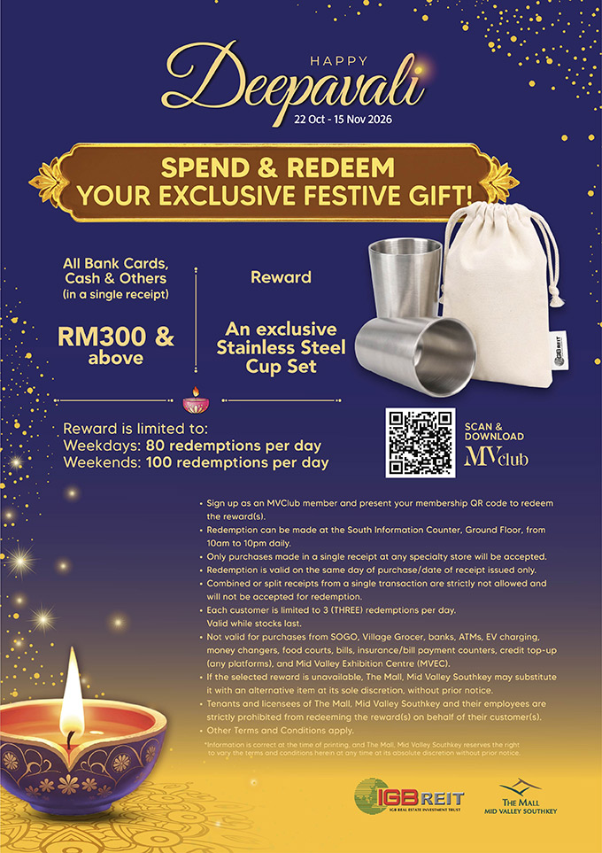 Mid Valley Southkey Happy Deepavali 2026 spend and redeem poster for the stainless steel cup set